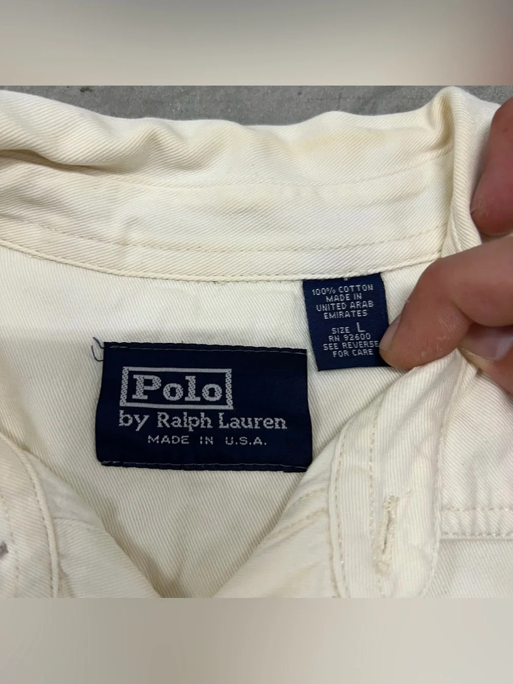 Vintage 90s Polo Ralph Lauren Shirt Large Made in USA Dual Pocket Beige Cream